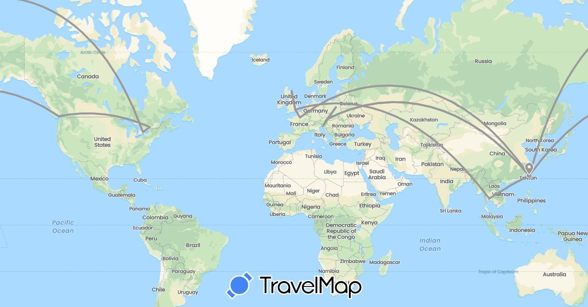 TravelMap itinerary: driving, bus, plane in Austria, Canada, France, United Kingdom, Poland, Slovenia, Thailand, Taiwan (Asia, Europe, North America)